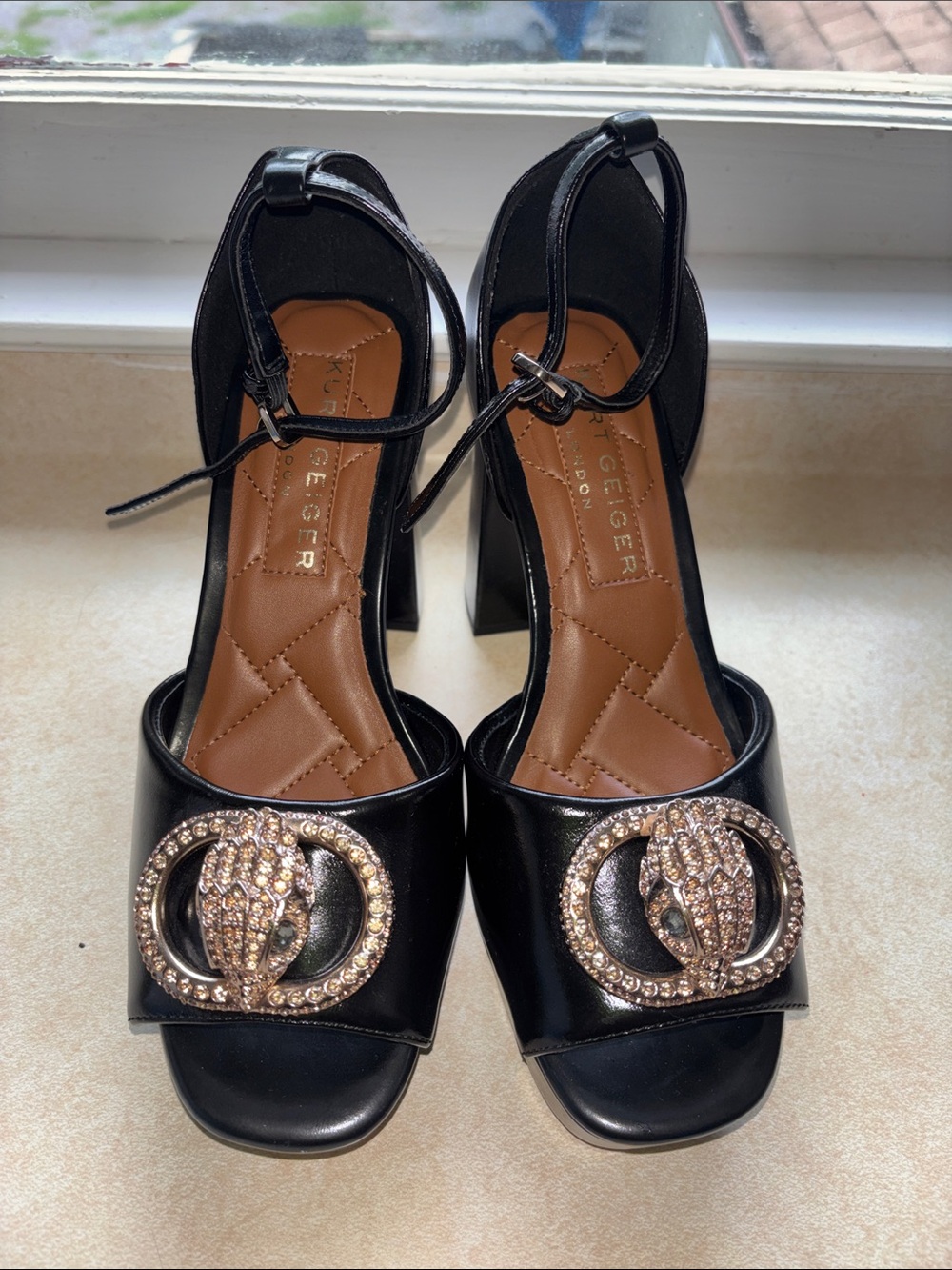 Kurt Geiger Black Patent Open-Toe Heels with Gold Crystal Buckle